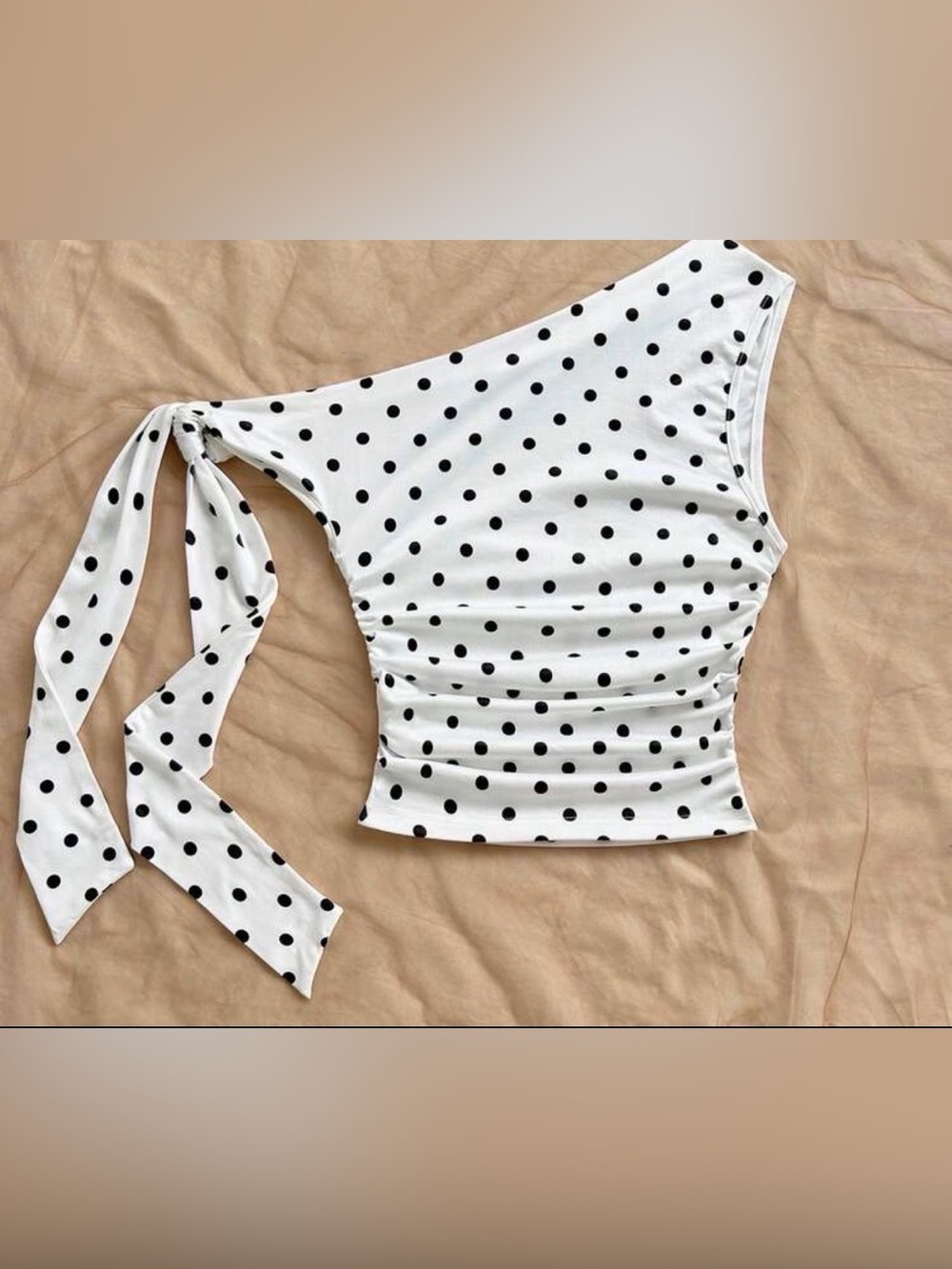 SHEIN White One-Shoulder Polka Dot Tie Crop Top - Black Dots - Picture 2 of 2